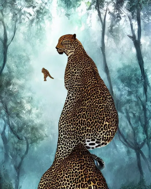 Image similar to beautiful woman riding a leopard thru a crystal forest, hyperreal, Artstation, atmospheric, photorealistic