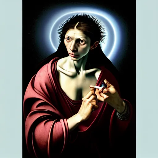 Image similar to Colour Caravaggio style Photography of Beautiful woman with highly detailed 1000 years old face wearing higly detailed sci-fi halo above head designed by Josan Gonzalez. Woman holding cigarette between fingers in her hand, Many details by Michelangelo . In style of Josan Gonzalez and Mike Winkelmann andgreg rutkowski and alphonse muchaand Caspar David Friedrich and Stephen Hickman and James Gurney and Hiromasa Ogura. volumetric natural light