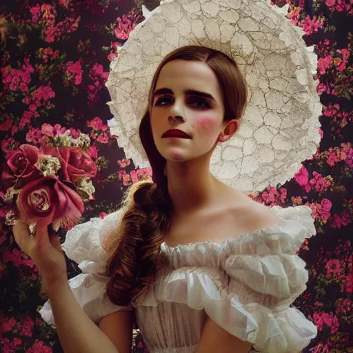 Prompt: On Construction Paper full body fashion model emma watson by Winslow Homer smokey eyes makeup eye shadow fantasy, glow, shimmer as victorian woman in a long white frilly lace dress and a large white hat having tea in a sunroom filled with flowers, roses and lush fern flowers ,intricate, night, highly detailed, dramatic lighting , high quality