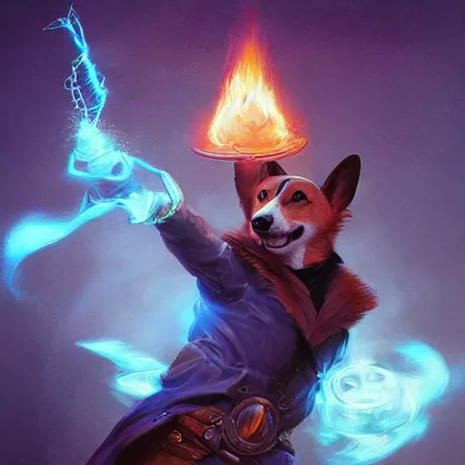 Prompt: corgi casting an arcane spell, glowing blue magic spell effects, d & d character art, hyperrealistic, extremely detailed, fantasy, digital illustration by artgerm and greg rutkowski, trending on artstation, masterpiece, award - winning