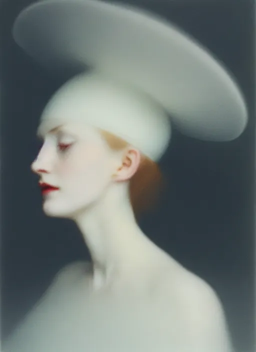 Image similar to out of focus photorealistic portrait of a beautiful pale young woman by sarah moon, very blurry, translucent white skin, closed eyes, foggy, closeup, with a weird hat