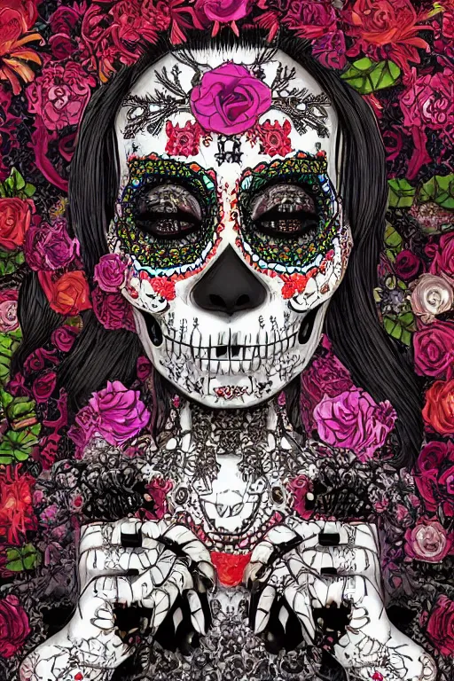 Prompt: baroque bedazzled gothic royalty frames surrounding a pixelsort emo demonic horrorcore Japanese Illustration of a sugar skull day of the dead girl, art by satoshi kon, sharpened early computer graphics, remastered chromatic aberration