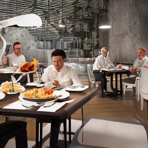 Image similar to kuka industrial robot arms around the dinner table of a fine dining restaurant with global illumination