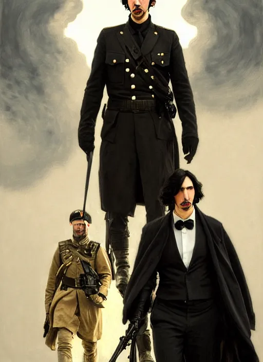 Image similar to painting of both john oliver and adam driver together, adam driver behind, john oliver in front, stoic, full body, military uniform, fantasy, elegant, beautiful, highly detailed, centered, dark, smokey, digital painting, concept art, smooth, sharp focus, illustration, deviant art, art by greg rutkowski, art by alphonse mucha