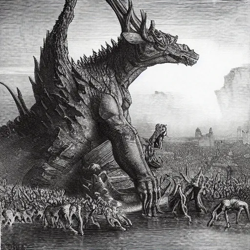 Prompt: godzilla sized deer demolish city, gustave dore, hiremious bosch, lovecraft, highly detailed, intricate, dramatic, realistic