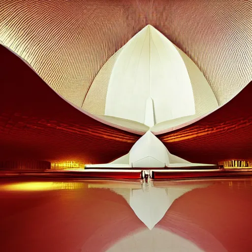 Image similar to interior of a futuristic lotus temple with gold, red and white marble panels, in the desert, by buckminster fuller and syd mead, intricate contemporary architecture, photo journalism, photography, cinematic, national geographic photoshoot