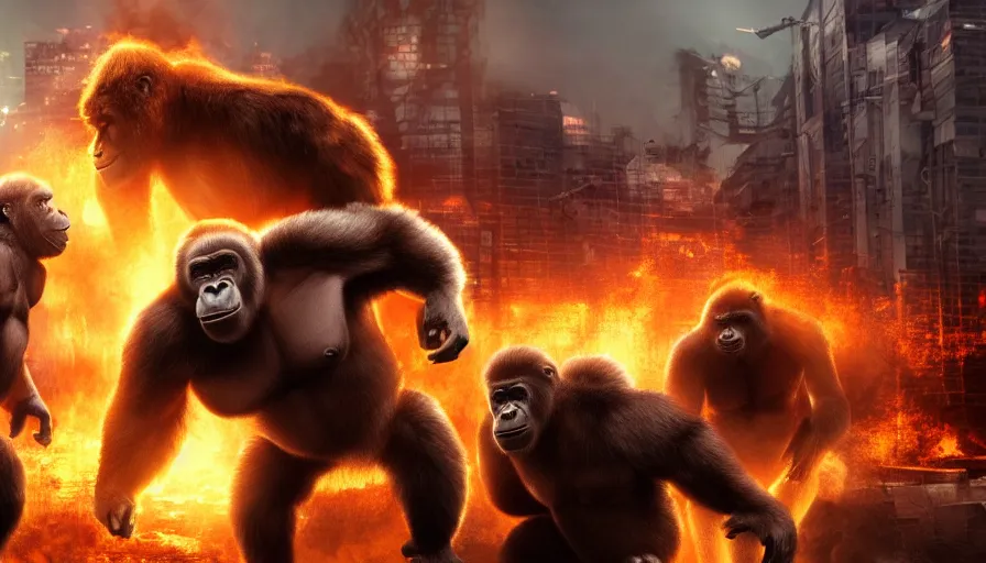 Image similar to concept art of hard combat of two huge gorilla in burning tokyo city, cinematic composition, golden lighting, action scene, strong perspective