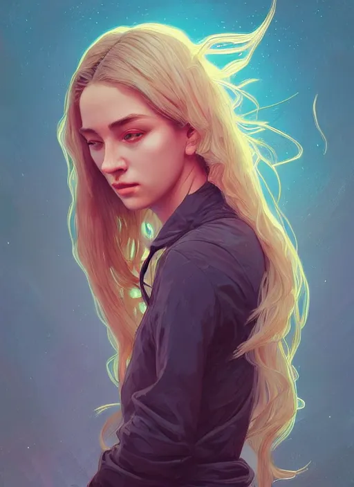 Image similar to handsome young women with shoulder length blonde hair, half body shot, path traced, highly detailed, high quality, digital painting, alena aenami, lilia alvarado, shinji aramaki, karol bak, alphonse mucha, tom bagshaw