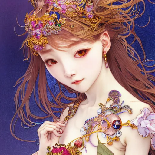 Prompt: a masterpiece ultrarealistic ultradetailed portrait of beautiful love jewelry mecha genius witch girl on fruits street market baroque renaissance. medium shot, intricate, elegant, by stanley artgerm lau, wlop, alphonse mucha, rossdraws, andrei riabovitchev, yoshitaka amano. flower background my james jeand and takashi murakami.