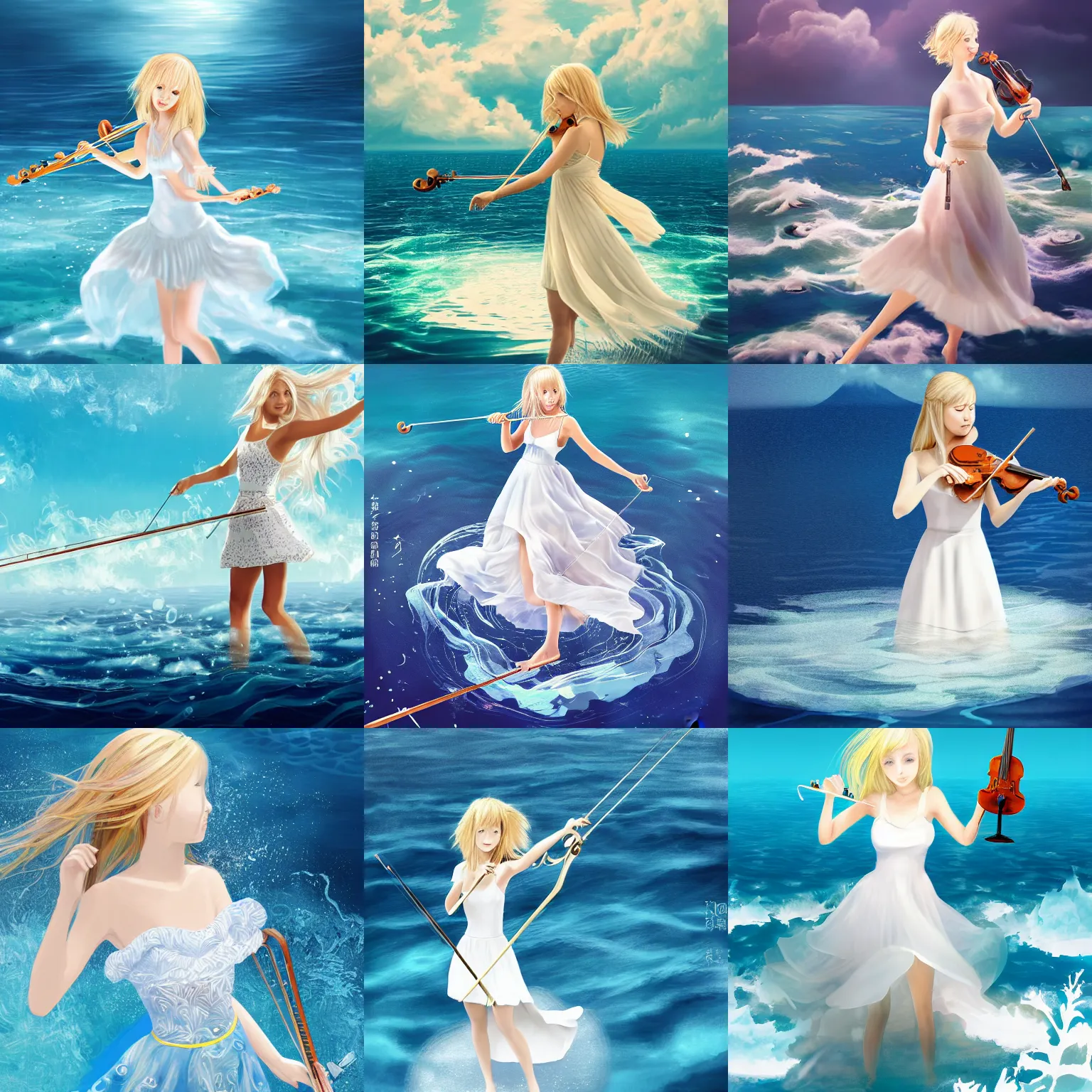 Prompt: high detail digital art of a blonde girl wearing a white dress while playing her violin and standing on water waves in the middle of the ocean surrounded by a blue sky and soft puffy clouds by 羅 光佑 and Mitsu Art, vibrant, expressive, trending on artstation