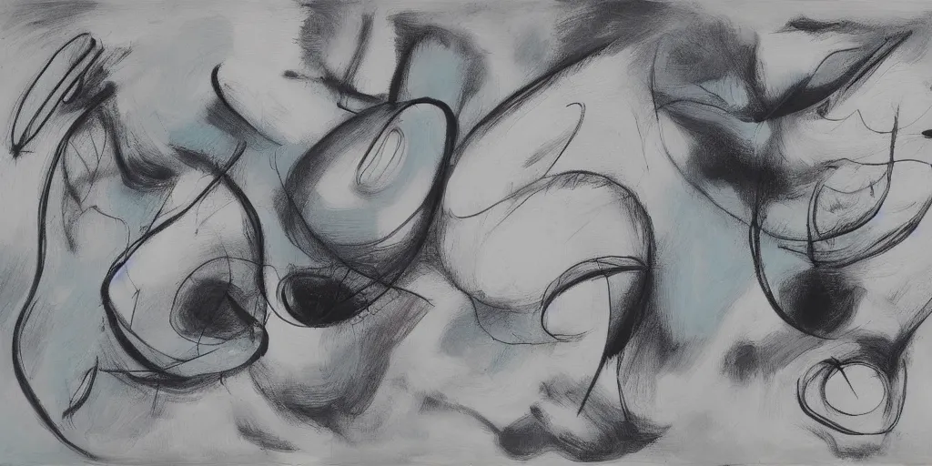 Image similar to black white painting by de kooning on white canvas, soft blue and pink tints, thin black lines, detailed martha jungwirth drawing sketch, painted by yves tanguy, informal, oil on canvas, thick impasto