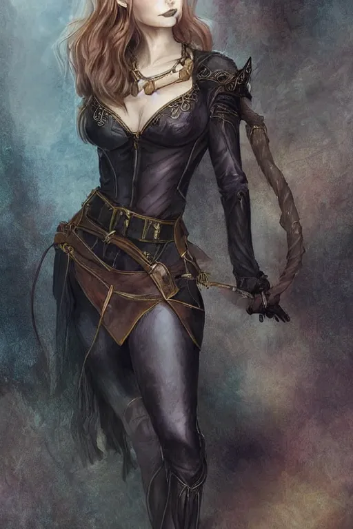 Image similar to a beatiful female elven priestess wearing thigh high black leather boots, she is holding a kneeling girl on a leash, ultrarealistic detailed digital art in the style of Charlie Bowater