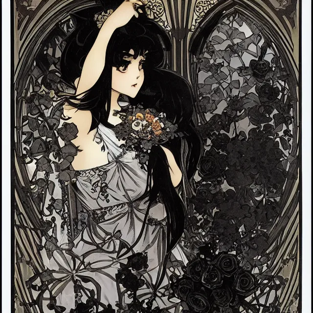 Prompt: gothic lolita and black roses. chiaroscuro manga artbook illustration by clamp and alphonse mucha.
