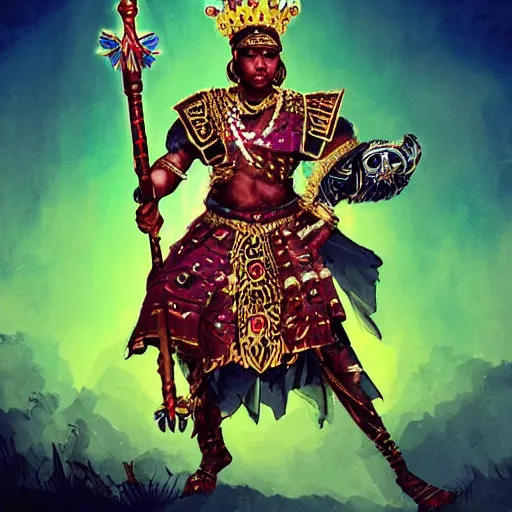 Prompt: a young black boy dressed like an african moorish warrior in gold armor and a crown with a ruby, posing with a very ornate glowing electric spear!!!!, for honor character digital illustration portrait design, by android jones in a psychedelic fantasy style, dramatic lighting, hero pose, wide angle dynamic portrait