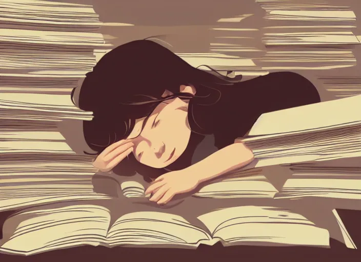 Image similar to a little girl with short wavy curly light brown hair is asleep in pile of books. clean cel shaded vector art. shutterstock. behance hd by lois van baarle, artgerm, helen huang, by makoto shinkai and ilya kuvshinov, rossdraws, illustration, art by ilya kuvshinov