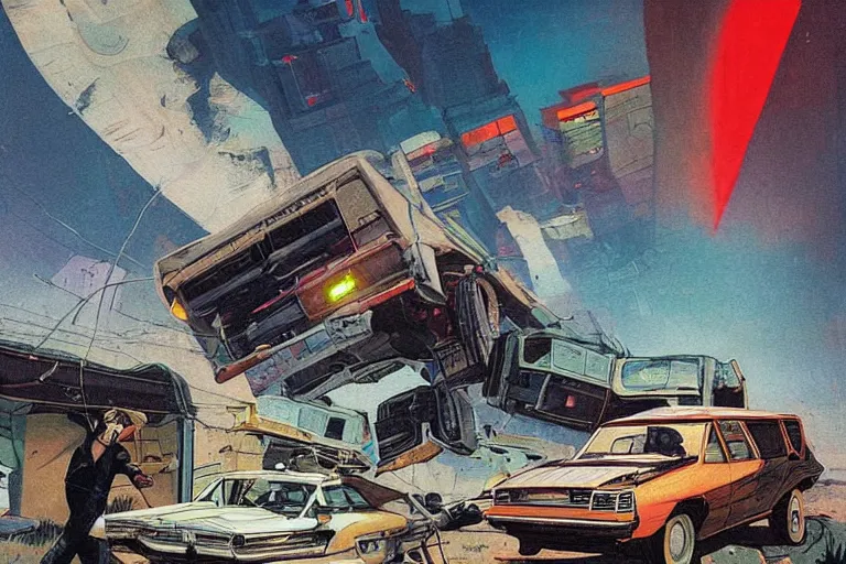 Prompt: a van has crashed and rolled over in the badlands. it's shipment has spilled out. art in the style of vincent di fate's cyberpunk 2 0 2 0.