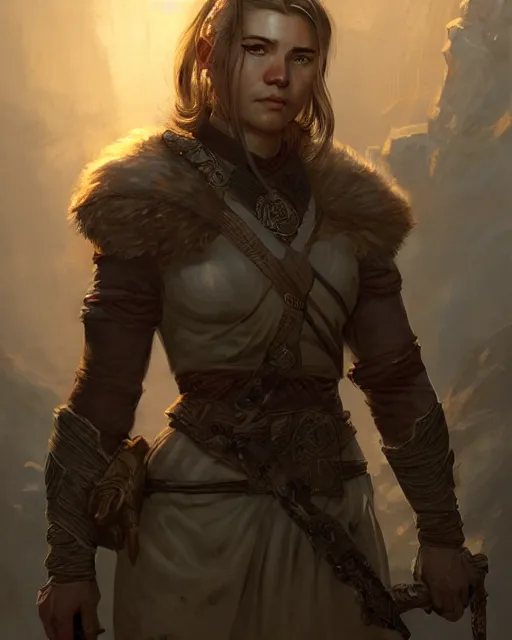 Image similar to the elder scrolls vi, charismatic rugged female nord warrior portrait, illustration, rim light, top light, perfectly shaded, golden hour, epic, intricate, soft painting, art by ross tran, krenz cushart and wenjun lin