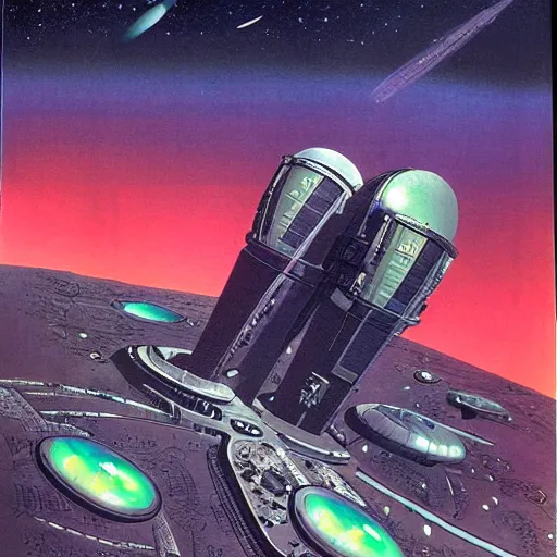 Image similar to marsian space colony, 8 0 s scifi style, by bonestell, chesley