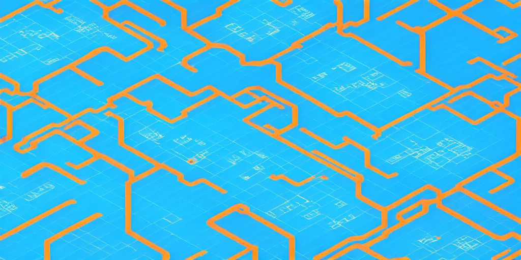 Image similar to Cloud servers, network, isometric view from above. Minimalistic design, contemporary design, infographics. Logo, Abstract Design. Blue, cyan and orange palette. Vivid, 8K, Epic, Masterpiece