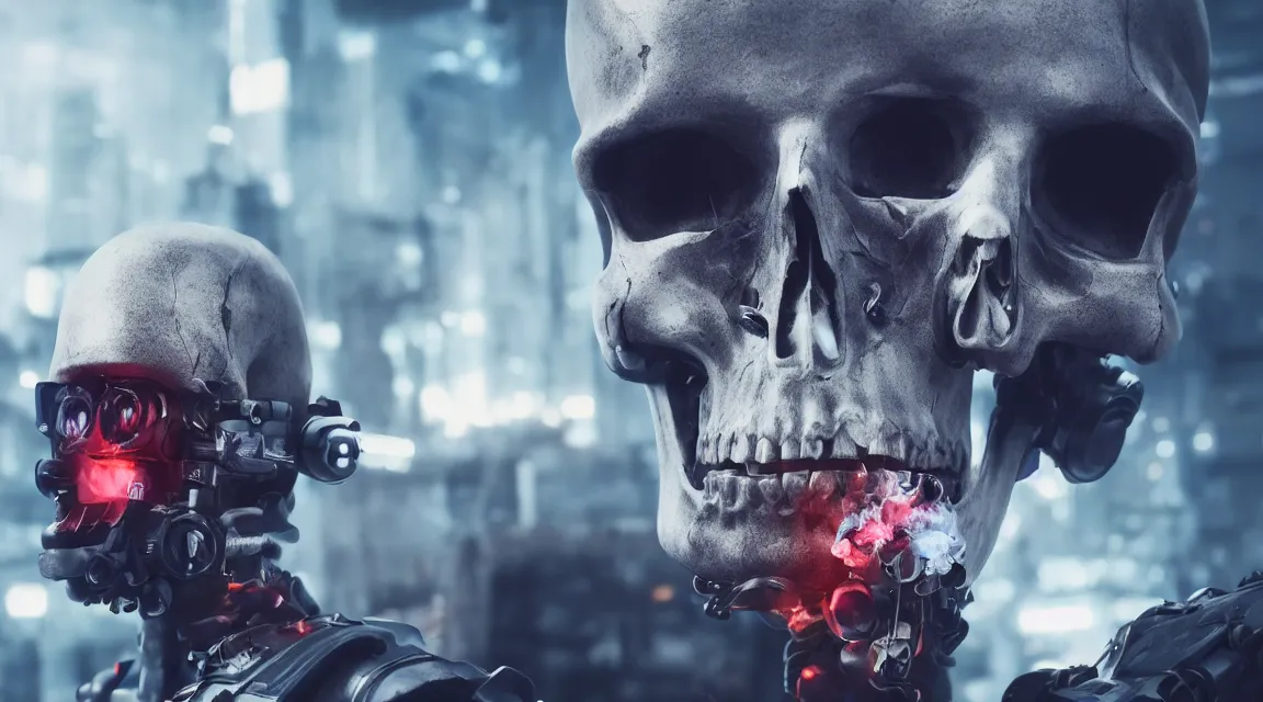 Prompt: cyberpunk skull with smoke in background Canon, fr100mm, octane render, photorealistic, hard-ops, detailed, sci-fi, cinematic, 8k no blur, volumetric lightning