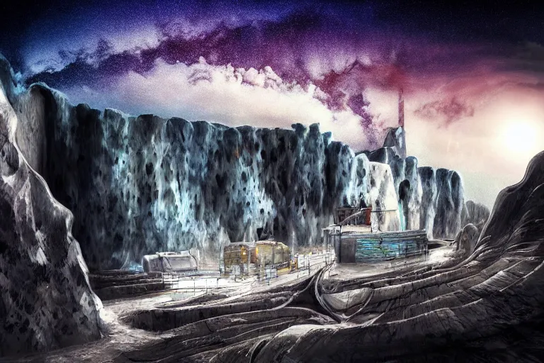 Image similar to favela spaceship cave tornado, snowy arctic environment, industrial factory, cliffs, peaks, bright, milky way, award winning art, epic dreamlike fantasy landscape, ultra realistic,