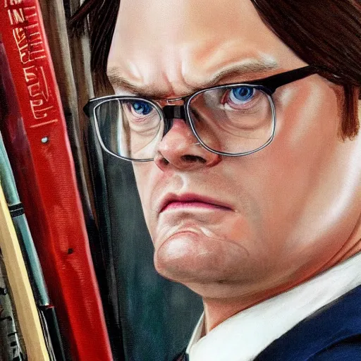 Prompt: close-up of Dwight Schrute in The Office (2005) looking furious, highly detailed, sharp focus, digital painting, artwork by Victor Adame Minguez + Yuumei + Tom Lovell + Sandro Botticelli