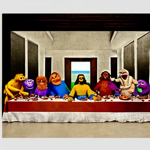 Prompt: the last supper with the cast of the muppet show, painted by michelangelo