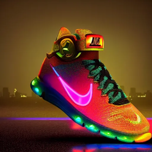 Image similar to extremely detailed realistic advertsing photograph of a ciberpunk mayan sneakers with neon lights by nike, bokeh, product shot view in studio, ArtStation, CGSociety
