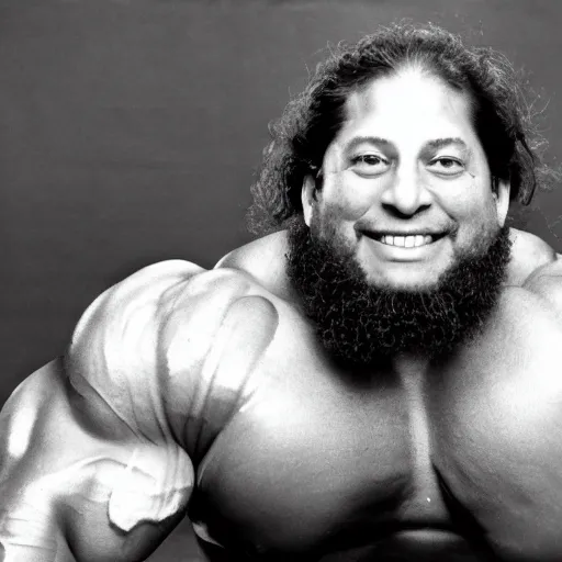 Image similar to photograph of richard stallman as a professional bodybuilder, happy facial expression, black and white photograph, 3 5 mm