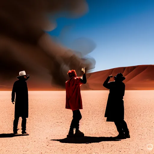 Image similar to photograph of three ravers, two men, one woman in a trenchcoat blessing the earth, seen from behind, talking around a fire, dancefloor kismet, diverse costumes, clean composition, desert transition area, bonfire, night, australian desert, xf iq 4, symmetry, sony a 7 r, 1 5 0 mp, 5 0 mm