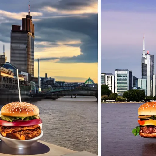 Image similar to Hamburger in Frankfurt and Frankfurter in Hamburg, hyper realistic, 8k, photo shot