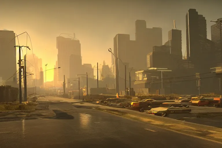 Image similar to half life 3 combine controlled suburbs, cityscape, sunrise, moody, raining, hd, 4k, photorealistic