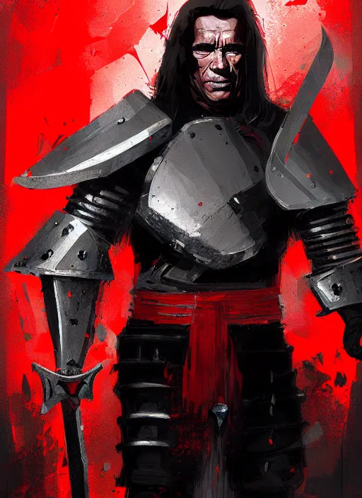 Prompt: schwarzenegger, long hair, wearing a black and red armor and two swords, by ismail inceoglu