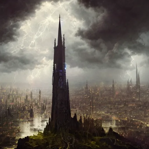 Image similar to an ultra detailed tarot card of a lonely and impossibly tall ominous gothic dark tower elevated high above the city, in a river elevated high above the city, fantasy capital city, ultrawide lense, aerial photography, scary thunderstorm, light fog, volumetric lighting, exquisite detail, 8 k, art by greg rutkowski and alphonse mucha