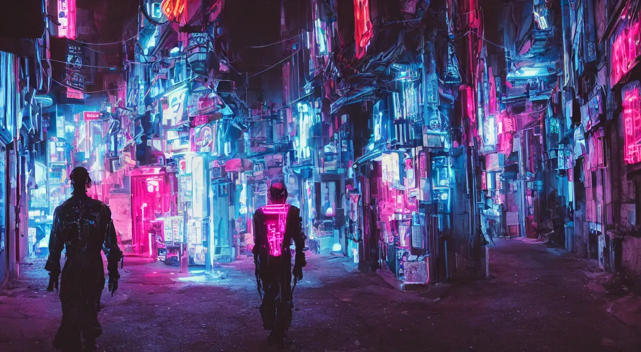 Image similar to a photo of a cyberpunk man walking in a medival village, the photo was taken from the ground looking up at the man's back, the man has glowing neon pink and blue lights on his back, ultra high detail.