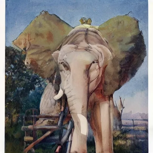 Image similar to Portrait of an elephant on a green meadow, style Franklin Booth