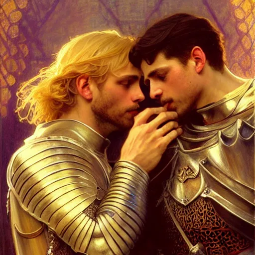 Image similar to attractive arthur pendragon and his attractive male knight, they are in love, natural lighting, path traced, highly detailed, high quality, digital painting, by gaston bussiere, craig mullins, alphonse mucha j. c. leyendecker