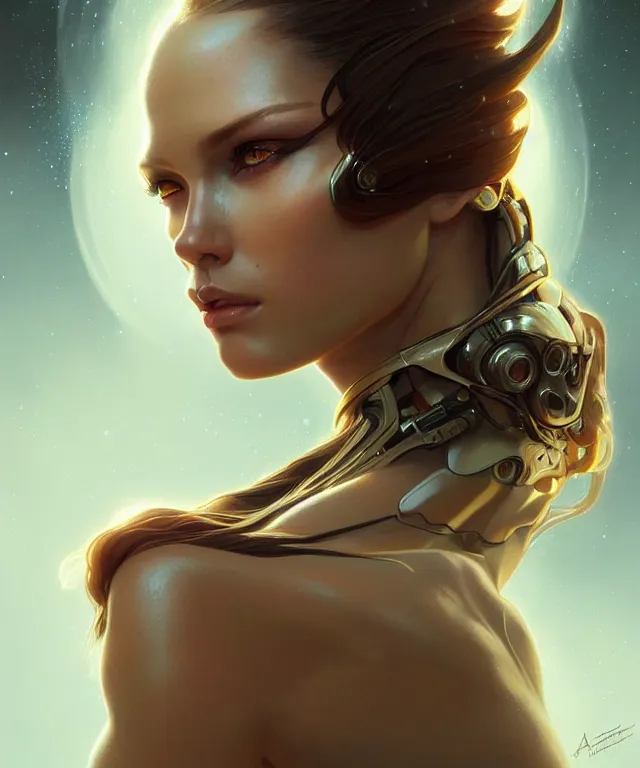 Image similar to futuristic woman portrait, sci-fi, amber eyes, face, long hair, fantasy, intricate, elegant, highly detailed, digital painting, artstation, concept art, smooth, sharp focus, illustration, art by artgerm and greg rutkowski and alphonse mucha