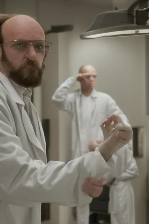 Prompt: an awkwardly tall mad scientist with a balding head and unruly hair wearing a labcoat, high resolution film still, movie by Robert Zemeckis and Ivan Reitman