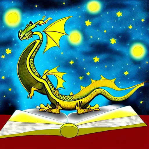 Image similar to dragon reading a book underneath the stars, digital art