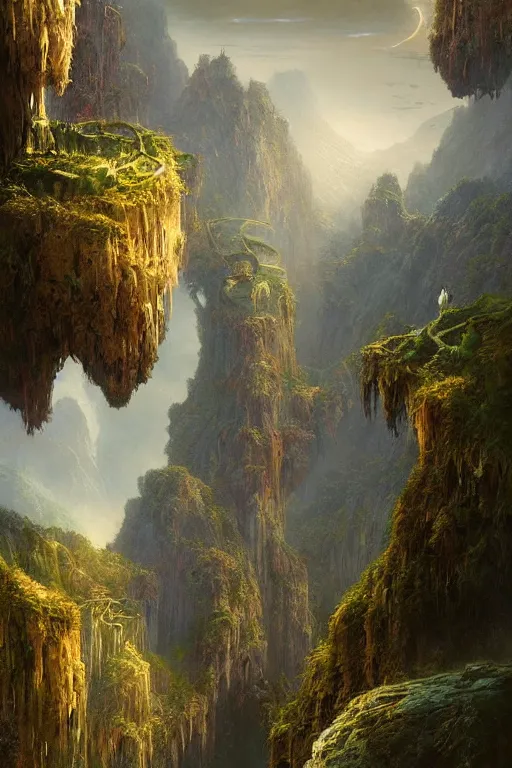 Image similar to amazing concept painting, by Jessica Rossier and HR giger and Beksinski, Rivendell, terraces, hallucination, garden of eden