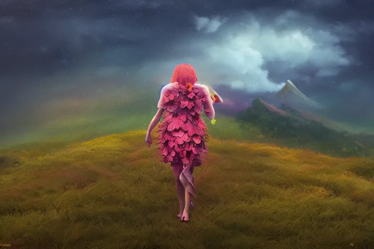 Image similar to giant dahlia flower as a head, girl walking on mountain, surreal photography, stars, dramatic light, impressionist painting, storm clouds, digital painting, artstation, simon stalenhag