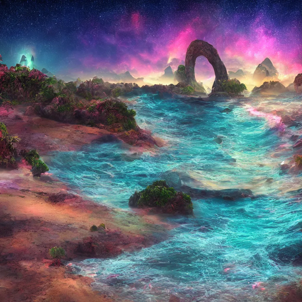 Prompt: landscape photo on lush warm alien beach, night, arching milkyway, sea lit by neon electric psychadelic coral, imposing wave face near shore unbroken ,Jungle, Mountains, lush, cinematic, Lumion rendering, photo realistic, 8k octane render UHD, bright volumetric dynamic lighting, milkyway light,detailed renderings, moonlight