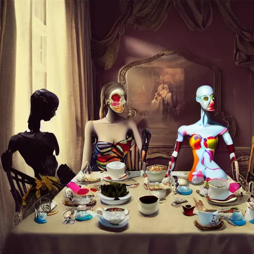 Prompt: A harlequin, an articulated mannequin, and an anatomical Venus are having a tea party, matte painting, artstation