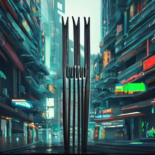 Image similar to a majestic fork, hd, 4k, trending on artstation, award winning, 8k, 4k, 4k, 4k, very very very detailed, high quality cyberpunk art