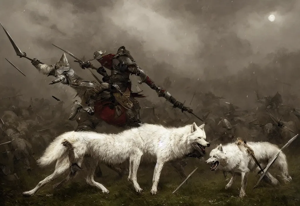 Image similar to one large white wolf fighting a medieval soldier, artstation, jakub rozalski, high detail, dramatic lighting, night, rain