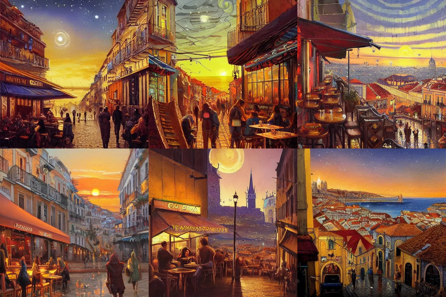 Prompt: photo of a beautiful painting of the city of lisbon inside a cafe, full of products, sunset, starry-night!!!!!!!!!!!!!!!!!!!!, Greg Rutkowski, Moebius, Mohrbacher, peaceful, colorful