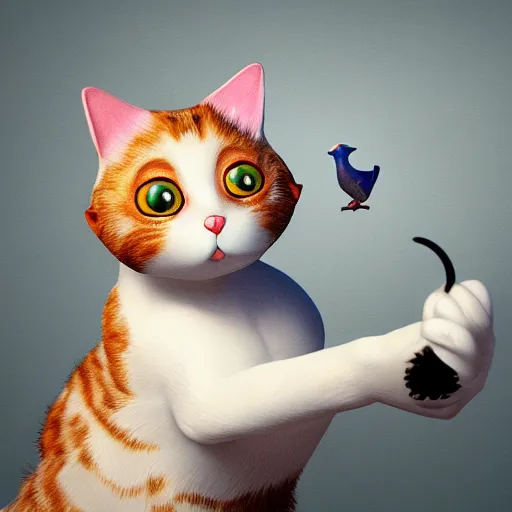 Prompt: cat emoji eating a bird, octane render, art station, hd, 4k, digital painting