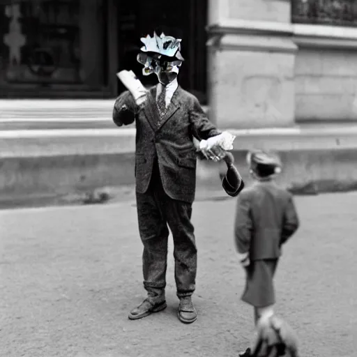 Prompt: a real photo by saul leiter of a small anthropomorphic dinosaur wearing a suit and standing in paris while holding a baguette, by helen levitt