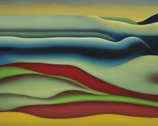 Image similar to An insane, modernist landscape painting. Wild energy patterns rippling in all directions. Curves, organic, zig-zags. Saturated color. Mountains. Clouds. Rushing water. Georgia O'Keeffe. Zao Wou-ki. Yves Tanguy.